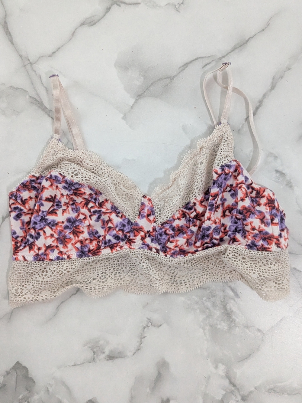 Intimately Free People Floral Print Lace Trim Bralette Ivory Orange Medium M